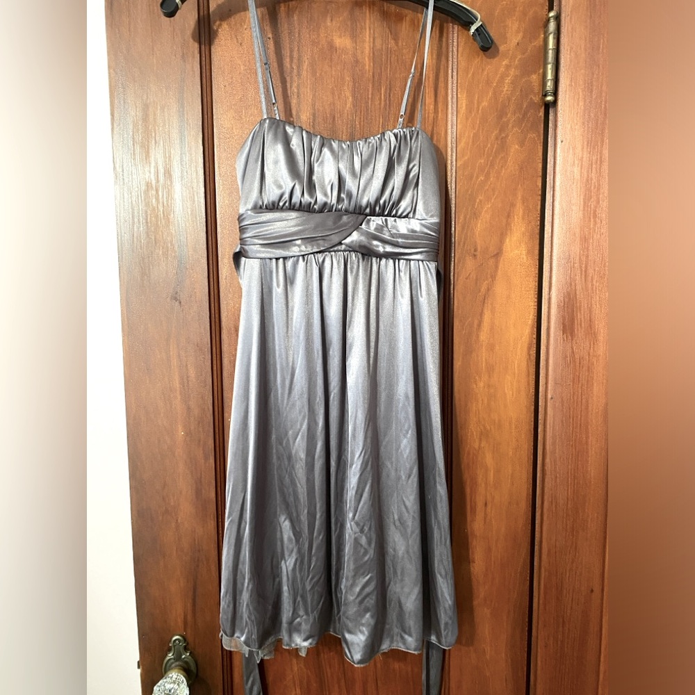 Mini flow satin dress, slate grey, dry cleaned , ties in back, size small
